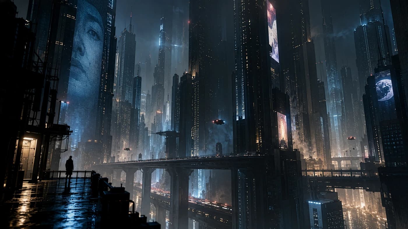 Official GPT Image 2.5 example: A lone person stands on a wet balcony overlooking a dark futuristic city filled with towering illuminated buildings