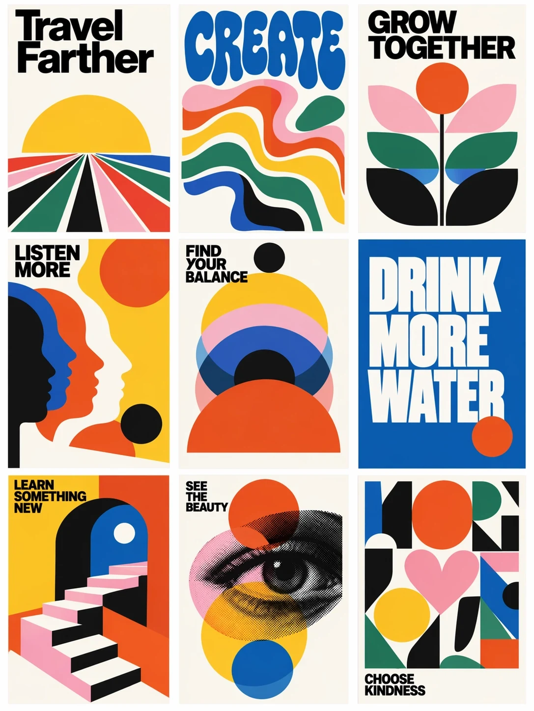 Official GPT Image 2.5 example: Nine mid-century modern posters in a three-by-three grid combining bold lettering with colorful geometric illustrations