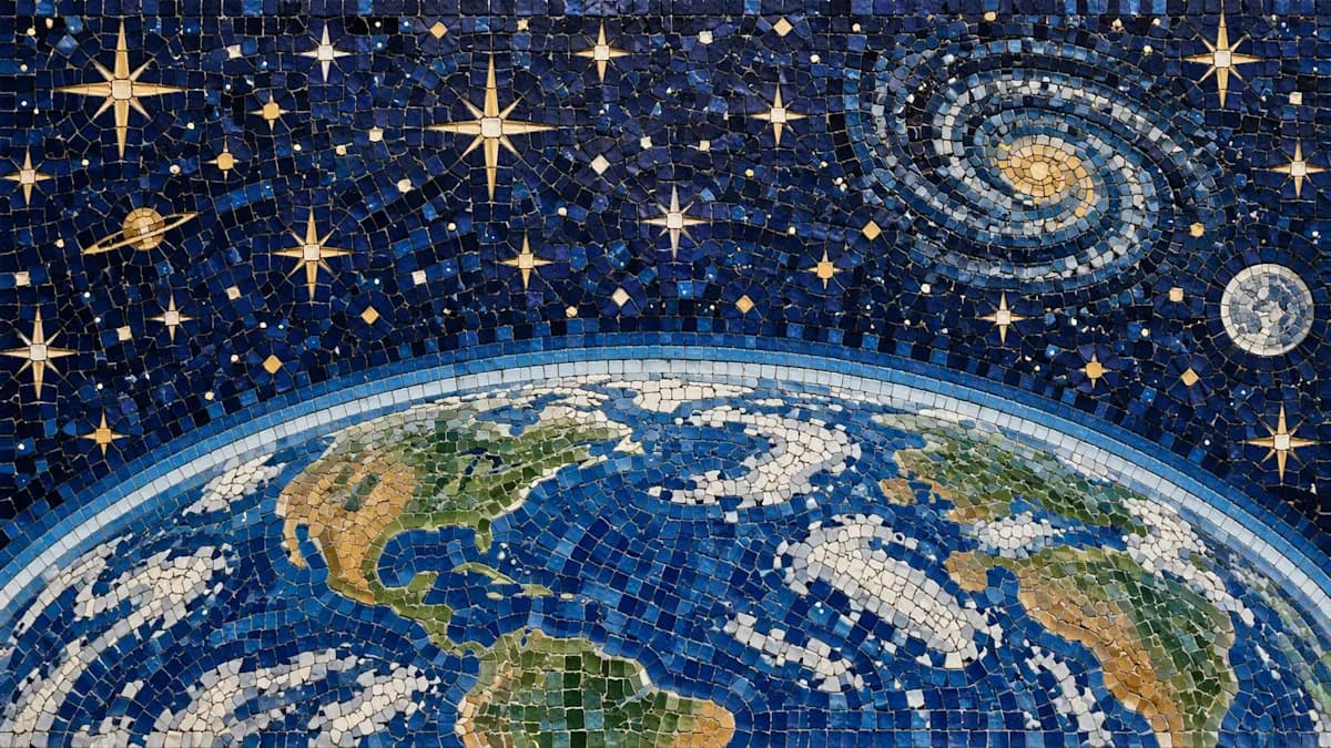 Official GPT Image 2.5 example: Blue and gold tile mosaic showing Earth beneath a star-filled sky with planets and a spiral galaxy