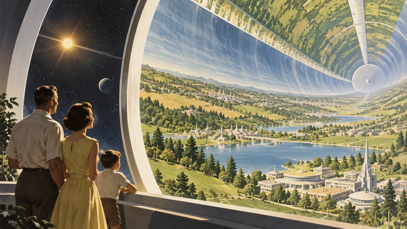 Official GPT Image 2.5 example: 1950s-style illustration of a family looking into a vast cylindrical space habitat filled with green landscape