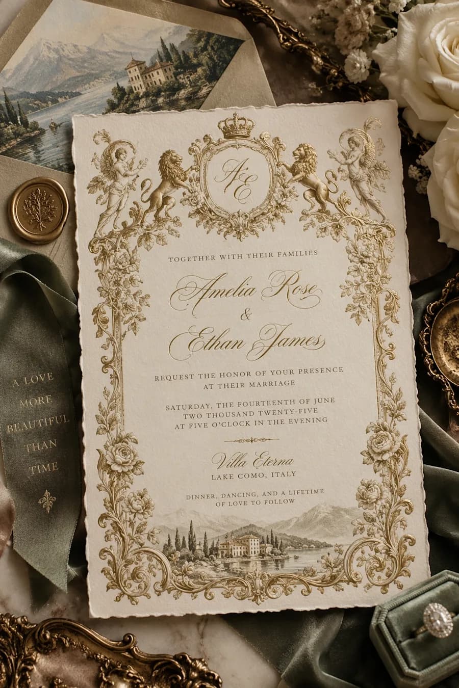 Official GPT Image 2.5 example: An ornate cream and gold wedding invitation with a crowned monogram, decorative lions, and floral borders