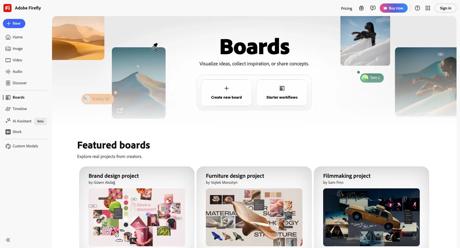 Page Boards d’Adobe Firefly, sans connexion : Create new board et Starter workflows, avec des boards mis en avant pour un projet de design de marque, un projet de design de mobilier et un projet de cinéma
