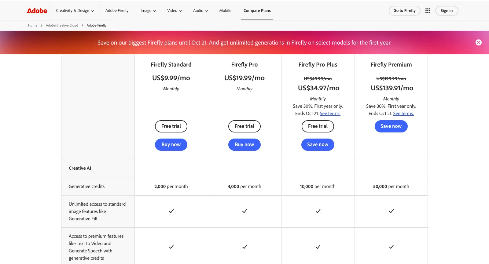 Page Compare Firefly plans d’Adobe, États-Unis : Firefly Standard US$9.99/mois, Firefly Pro US$19.99/mois, Firefly Pro Plus et Firefly Premium avec une remise de 30 % la première année jusqu’au 21 octobre, et 2 000, 4 000, 10 000 et 50 000 crédits génératifs par mois