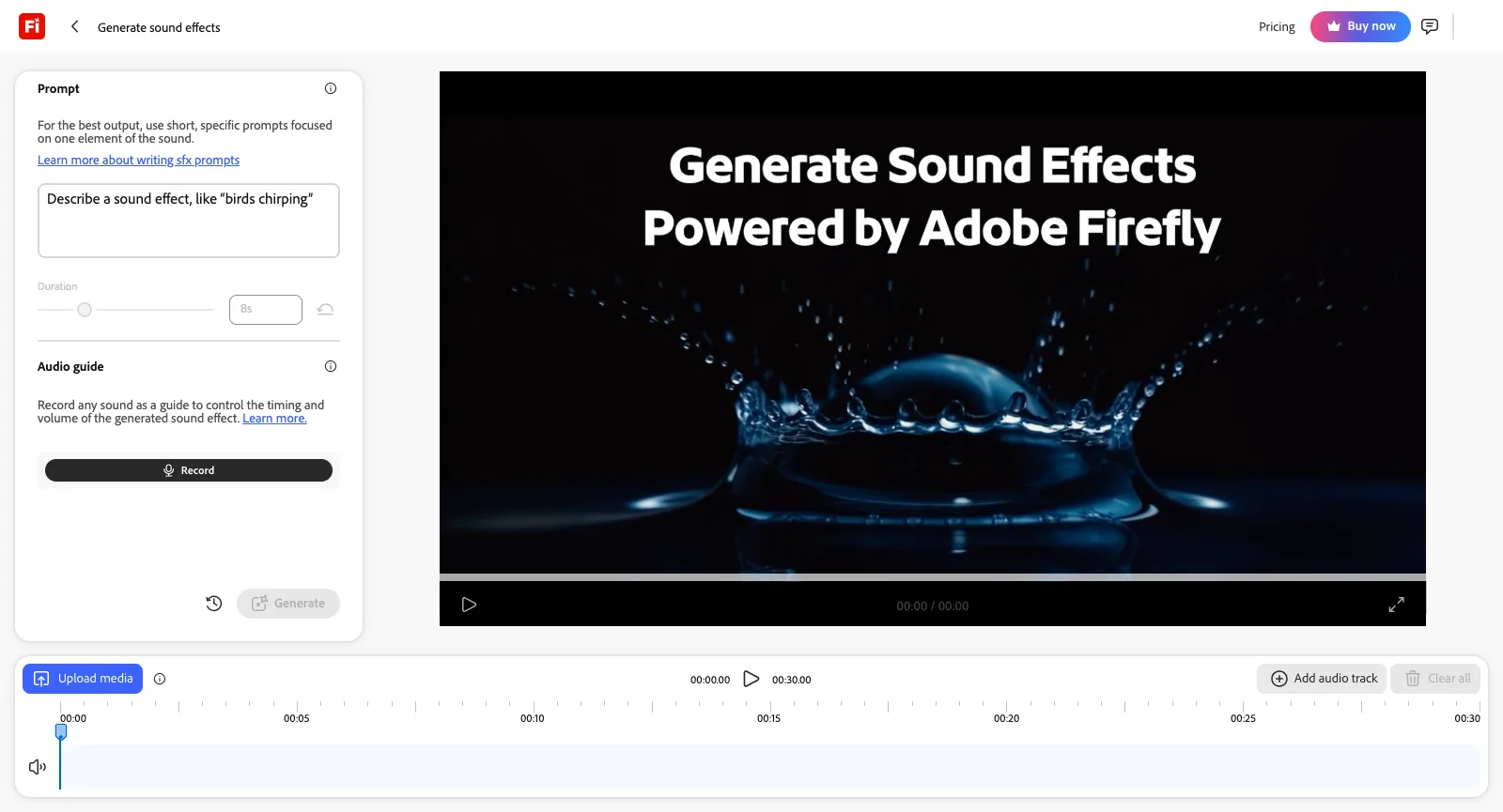 Espace Generate sound effects d’Adobe Firefly, sans connexion : zone de prompt, curseur de durée, Audio guide avec un bouton Record, un lecteur d’aperçu et une timeline audio avec Upload media et Add audio track