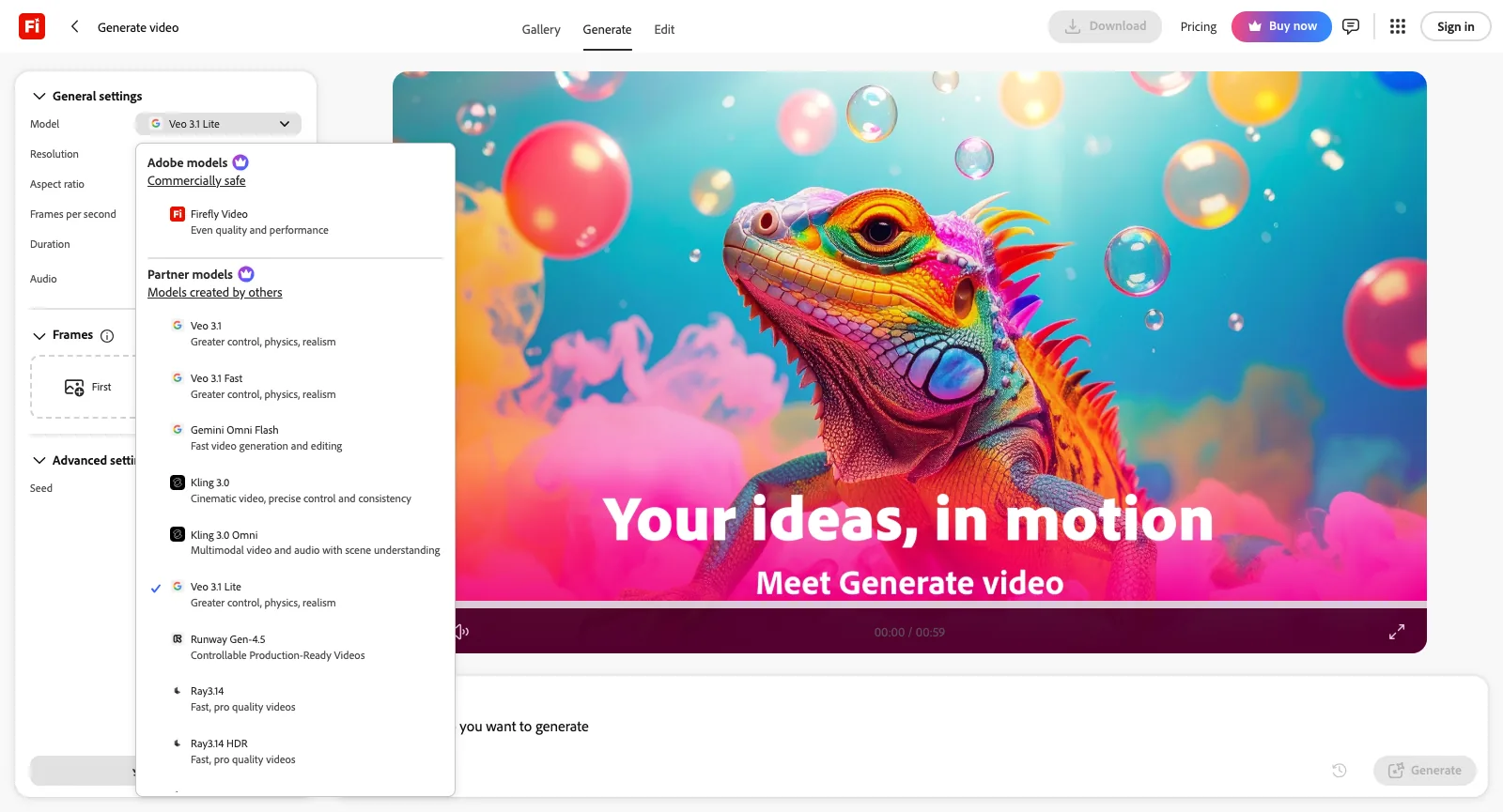 Generate video d’Adobe Firefly, sans connexion, avec le menu Model ouvert : Firefly Video parmi les modèles Adobe, puis Veo 3.1, Veo 3.1 Fast, Gemini Omni Flash, Kling 3.0, Kling 3.0 Omni, Veo 3.1 Lite, Runway Gen-4.5, Ray3.14 et Ray3.14 HDR parmi les modèles partenaires