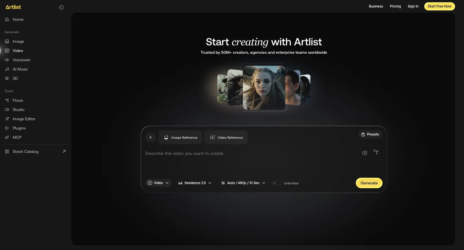 Video-Arbeitsbereich von Artlist AI Tools, abgemeldet: Start creating with Artlist, Buttons Image Reference und Video Reference, ein Prompt-Feld, Seedance 2.5 ausgewählt mit Auto / 480p / 10 Sec, ein Unlimited-Schalter und Generate