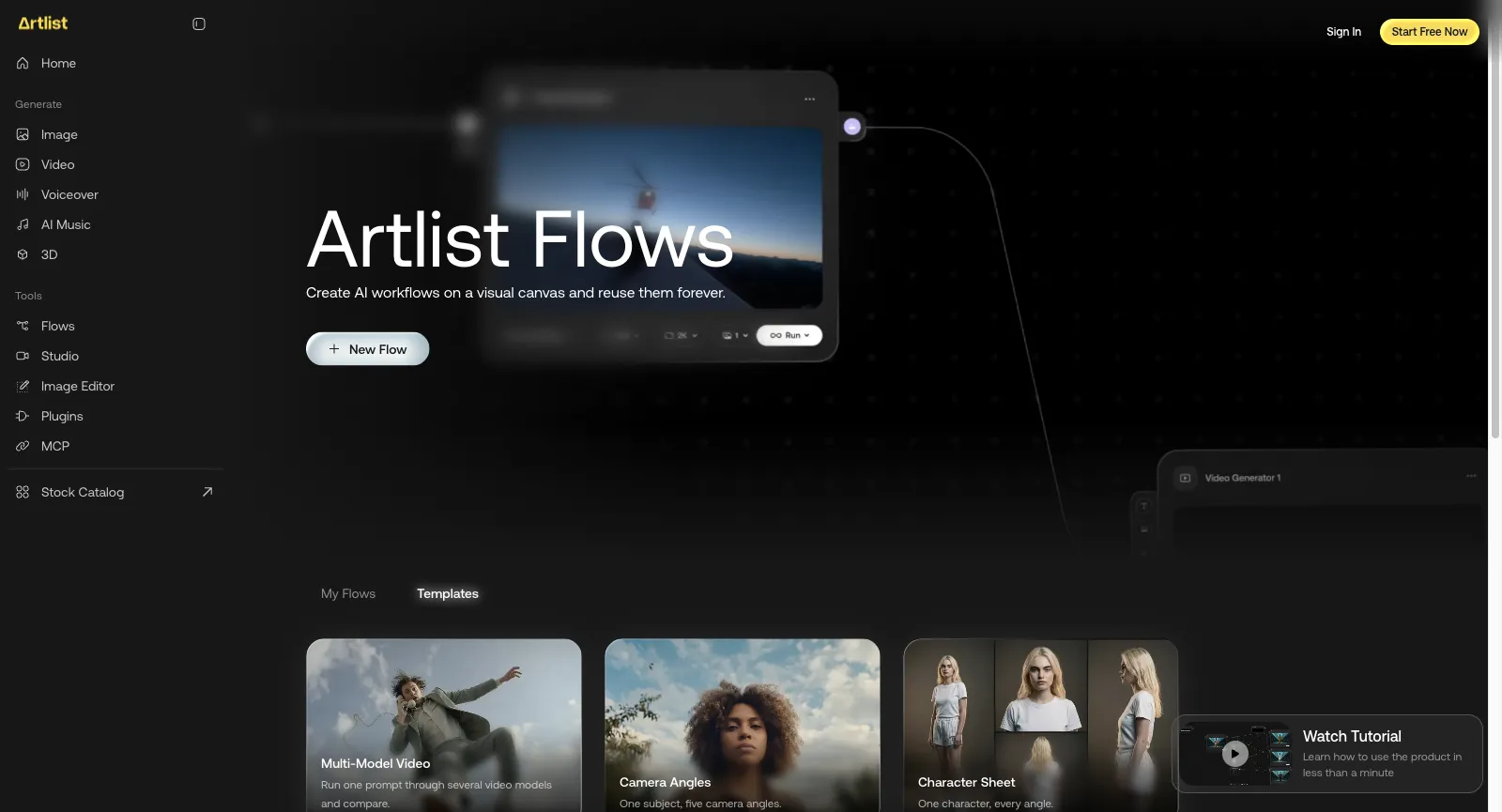 Artlist Flows, abgemeldet: Create AI workflows on a visual canvas and reuse them forever, ein Button New Flow und Vorlagen für Multi-Model Video, Camera Angles und Character Sheet