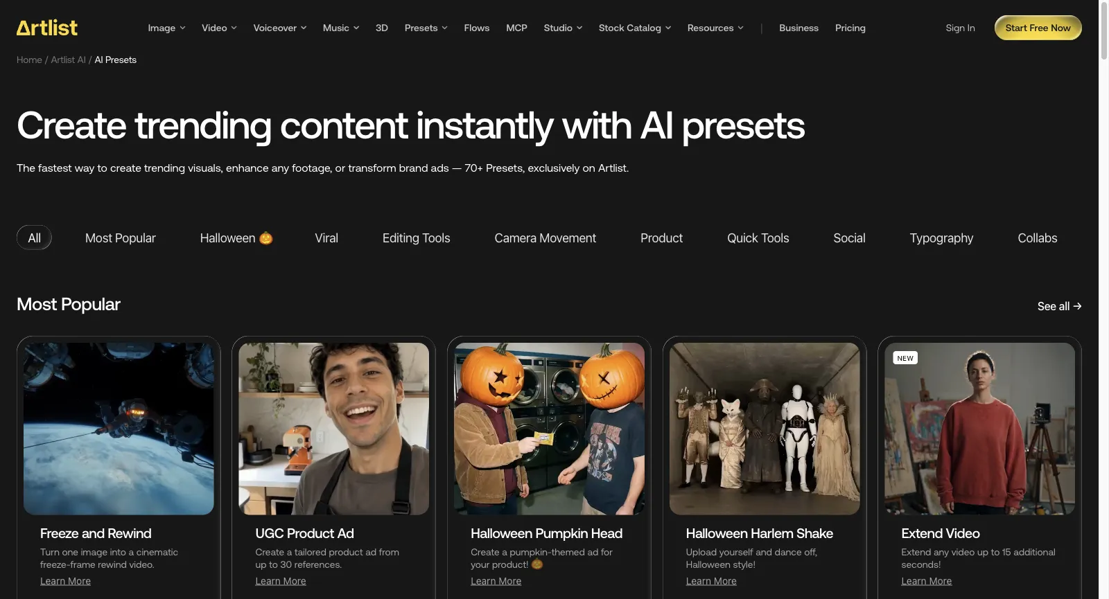 Seite AI Presets von Artlist, abgemeldet: Create trending content instantly with AI presets, 70+ Presets, Kategorie-Tabs und Most-Popular-Karten wie Freeze and Rewind, UGC Product Ad und Extend Video