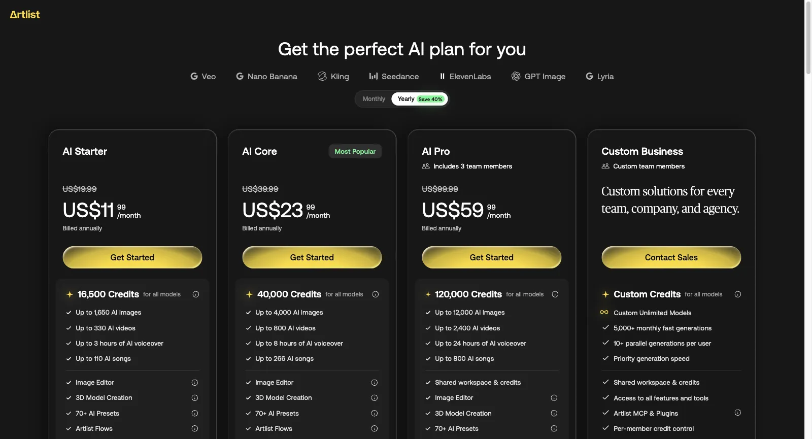KI-Preisseite von Artlist bei jährlicher Zahlung: AI Starter US$11.99, AI Core US$23.99 und AI Pro US$59.99 im Monat bei jährlicher Abrechnung, mit 16.500, 40.000 und 120.000 Credits, und Custom Business
