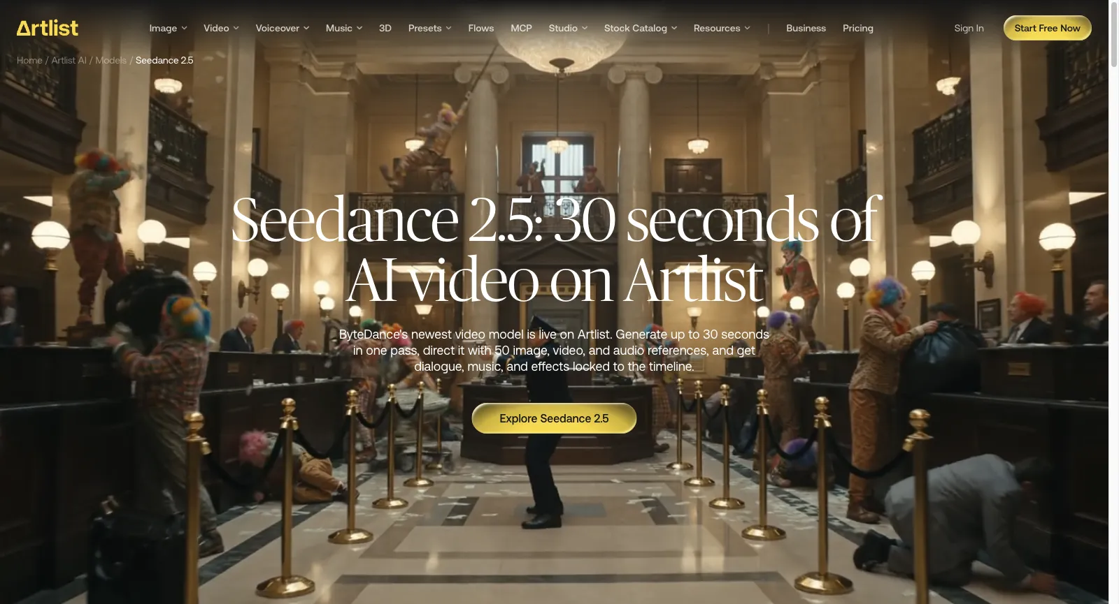 Modellseite von Artlist zu Seedance 2.5, abgemeldet: Seedance 2.5: 30 seconds of AI video on Artlist, mit 50 Bild-, Video- und Audioreferenzen und einem Button Explore Seedance 2.5
