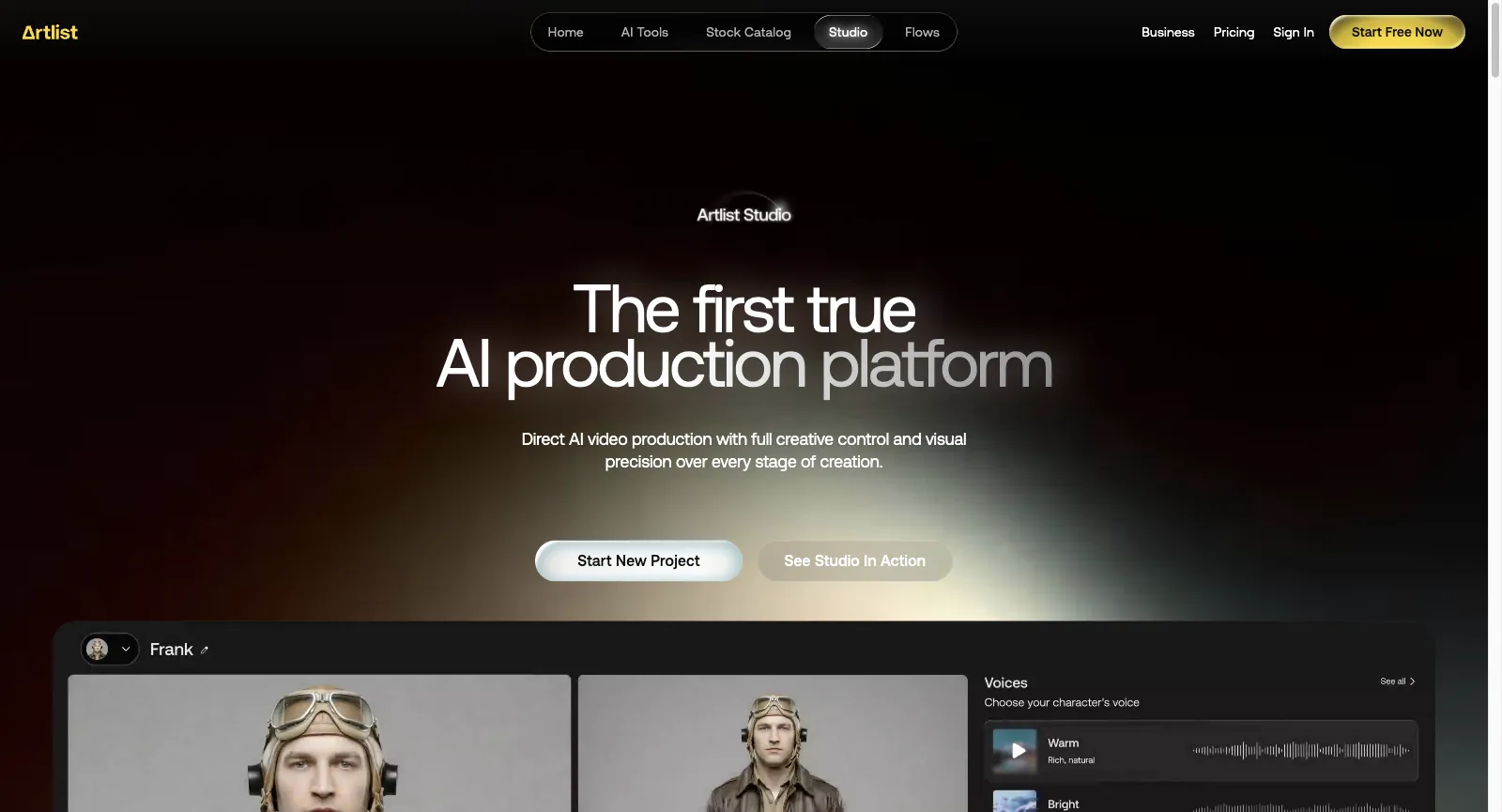 Seite von Artlist Studio, abgemeldet: The first true AI production platform, Buttons Start New Project und See Studio In Action, über einer Figurenkarte mit Stimmauswahl