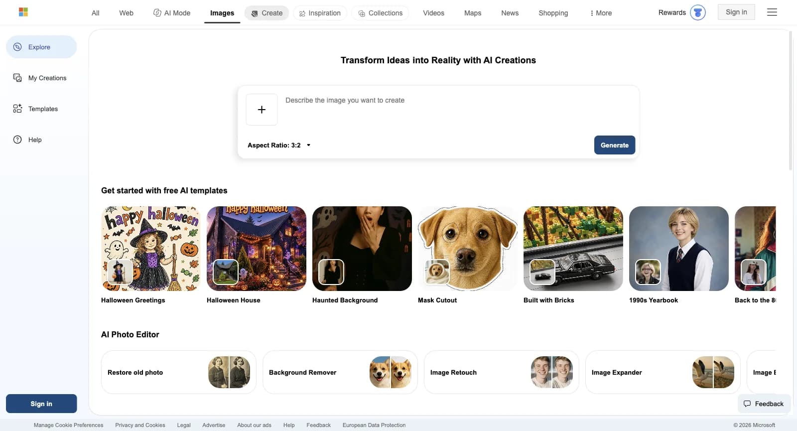 Bing Image Creator, déconnecté : la zone de prompt Describe the image you want to create avec import et Aspect Ratio 3:2, les modèles IA gratuits et la rangée AI Photo Editor