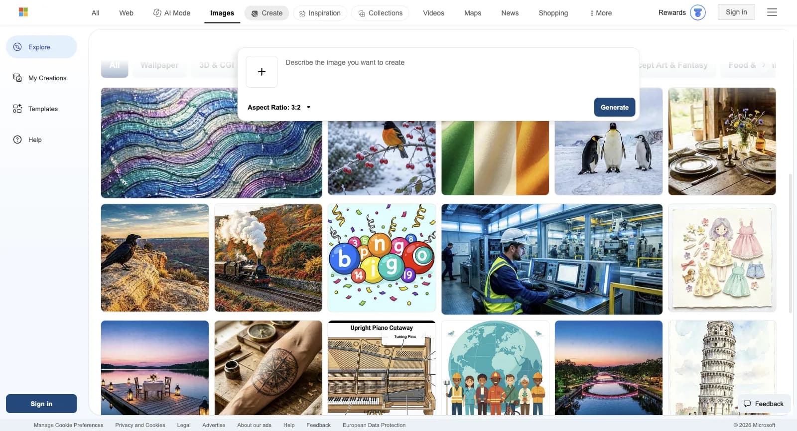 Bing Image Creator, déconnecté, défilé jusqu’à Explore more ideas : des exemples d’images comme un fond d’écran de vagues abstraites, un loriot dans la neige, des manchots et une vue en coupe d’un piano, sous la zone de prompt fixe
