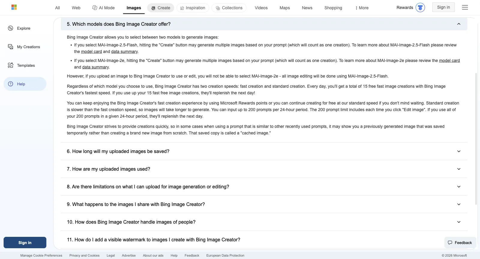 FAQ de Bing Image Creator, question 5 ouverte : MAI-Image-2.5-Flash et MAI-Image-2e, 15 créations d’images rapides gratuites par jour, points Microsoft Rewards, vitesse standard et jusqu’à 200 prompts par 24 heures