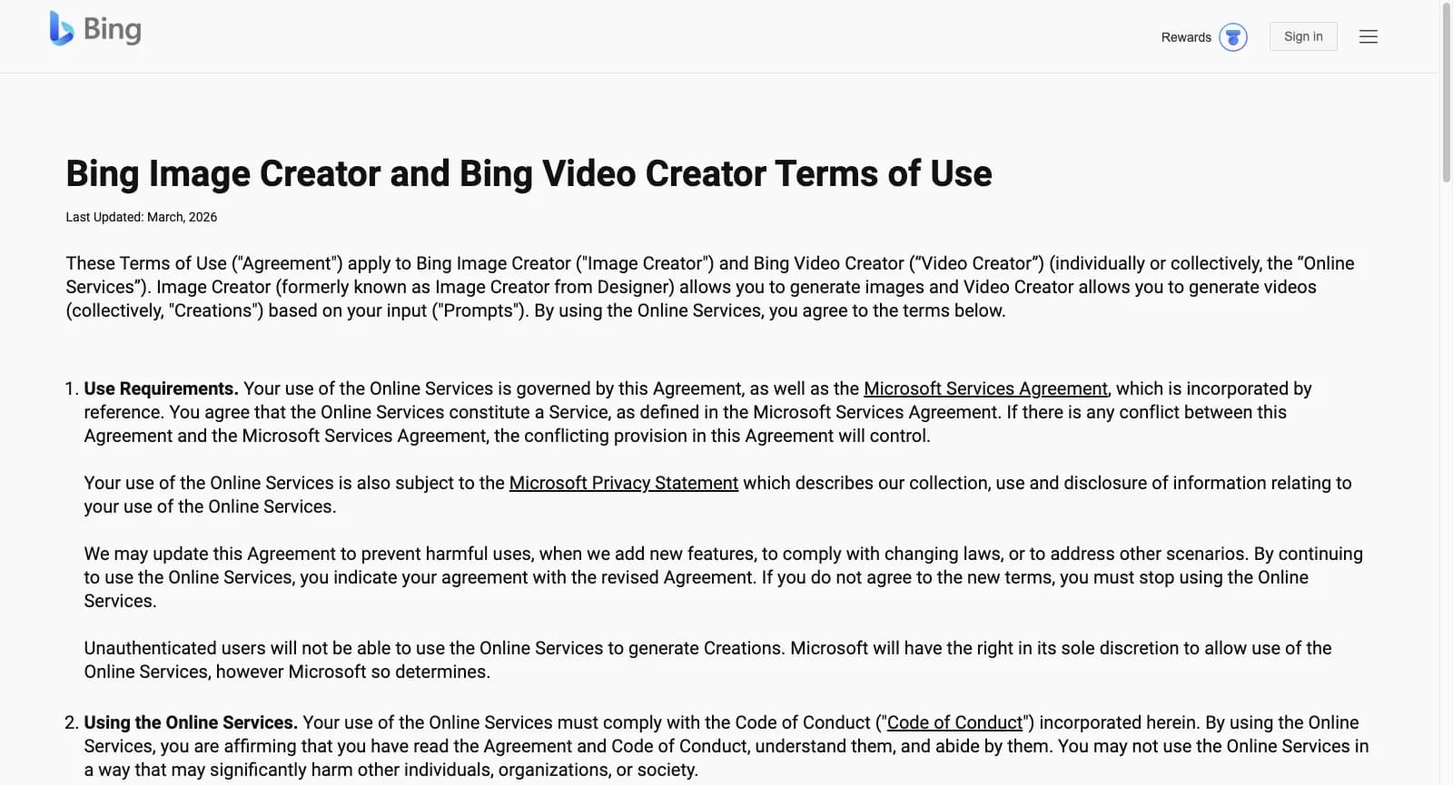 Conditions d’utilisation de Bing Image Creator et Bing Video Creator, mises à jour en mars 2026, déconnecté, s’ouvrant sur la section Use Requirements