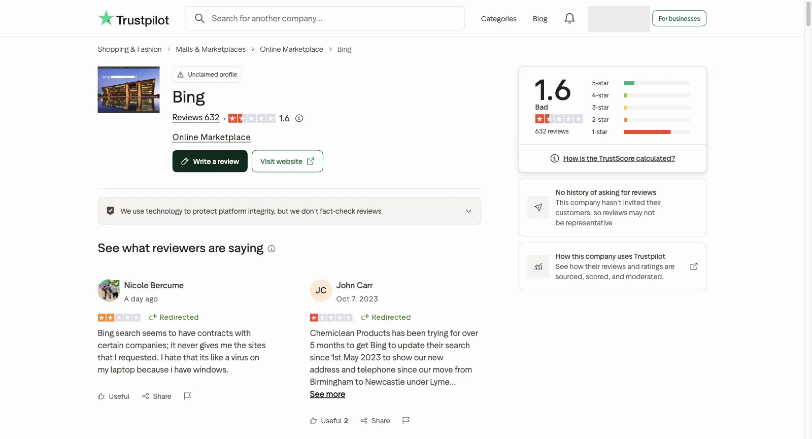 Bing sur Trustpilot : profil non revendiqué, TrustScore de 1,6 sur 632 avis, aucun historique de sollicitation d’avis