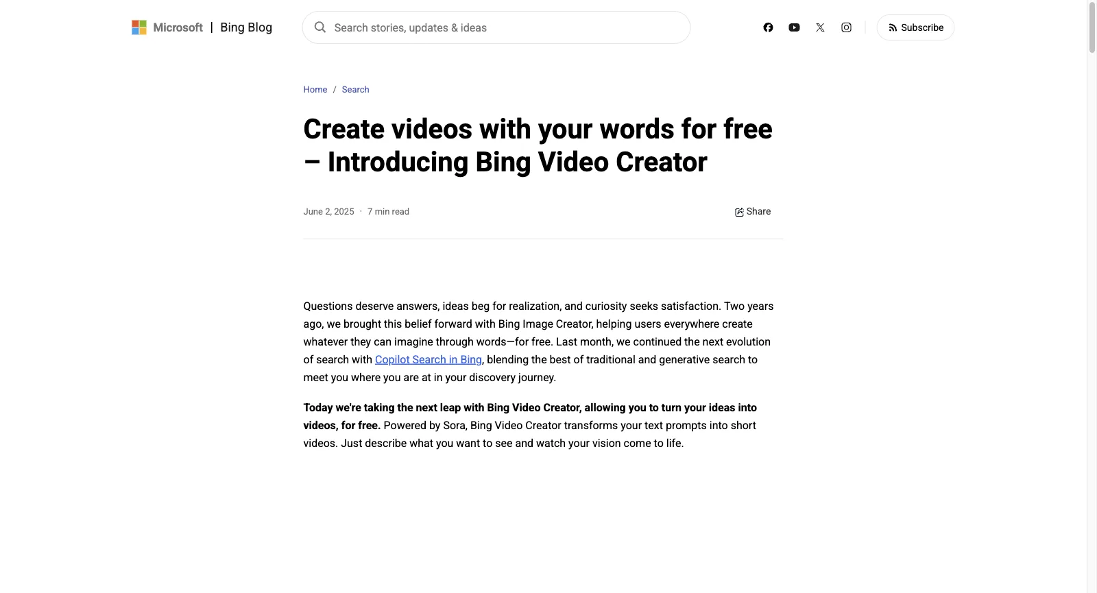 Article du Bing Blog Create videos with your words for free – Introducing Bing Video Creator, daté du 2 juin 2025, indiquant que l’outil est propulsé par Sora