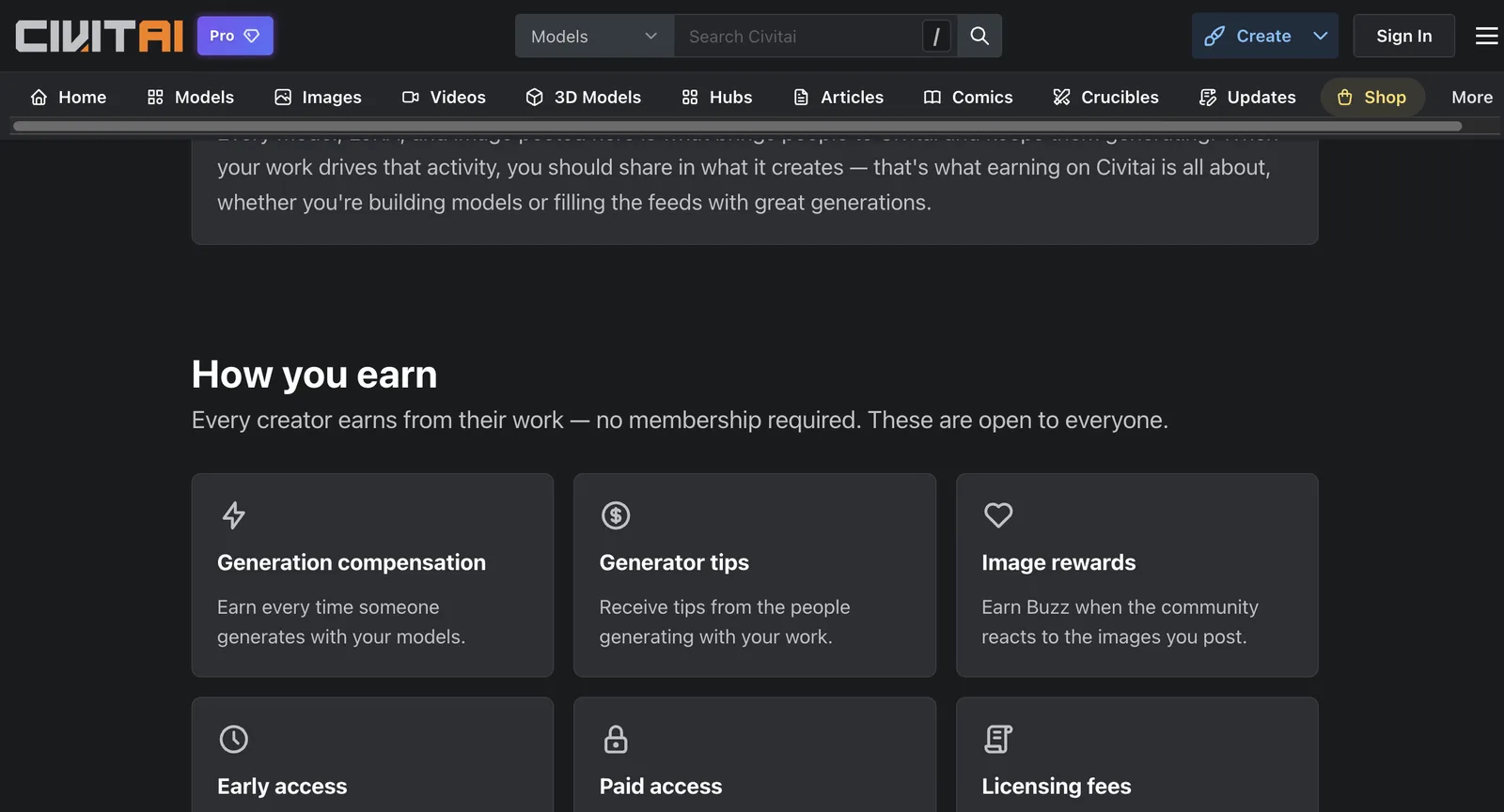 Civitai-Seite Earn on Civitai, abgemeldet: Wege zum Verdienen, mit Generierungsvergütung, Generator-Trinkgeldern, Bildbelohnungen, frühem Zugang, bezahltem Zugang und Lizenzgebühren