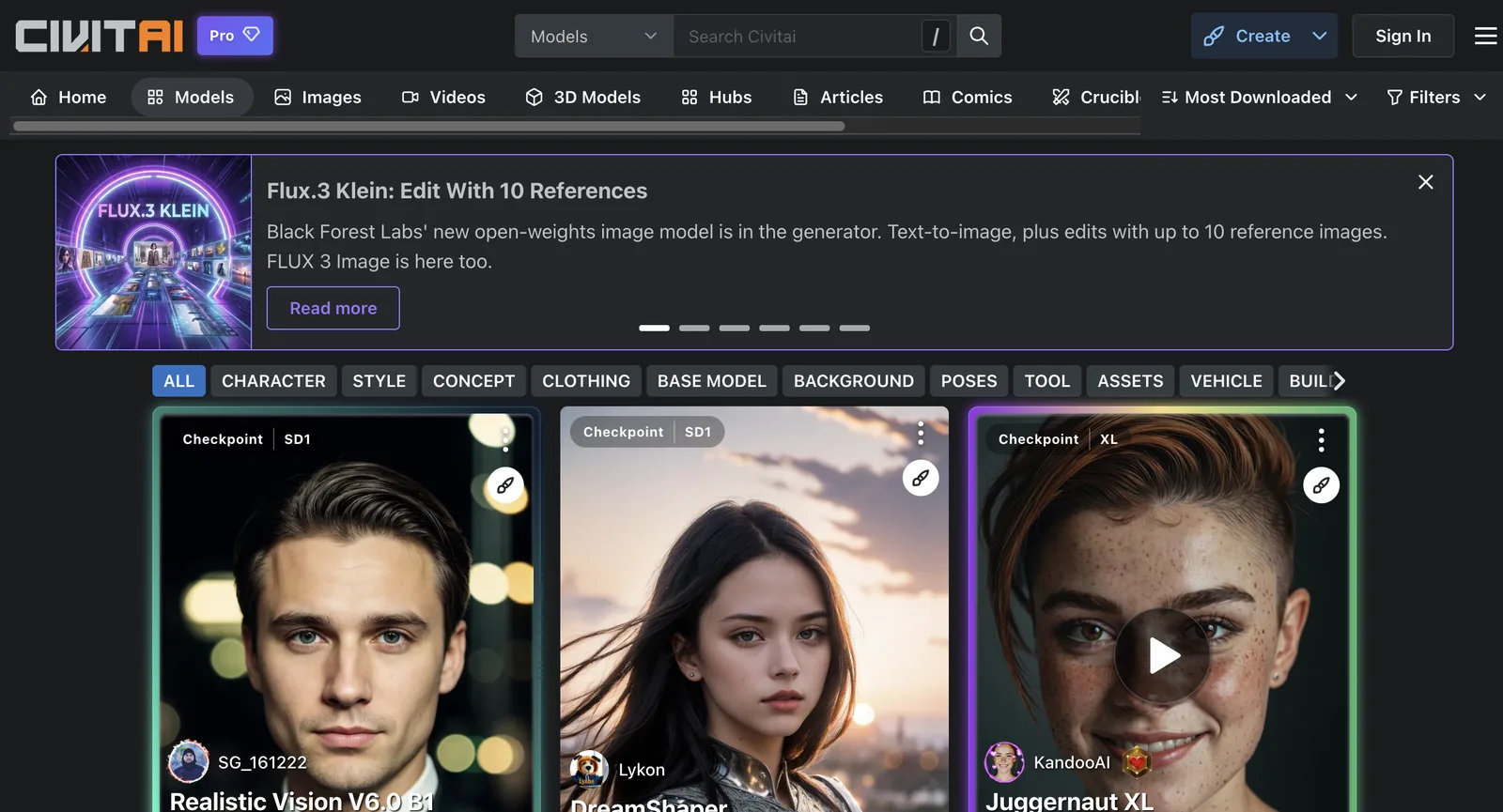 Civitai-Seite Models, abgemeldet, sortiert nach Most Downloaded: Checkpoint-Karten von Realistic Vision, DreamShaper und Juggernaut XL mit Downloadzahlen
