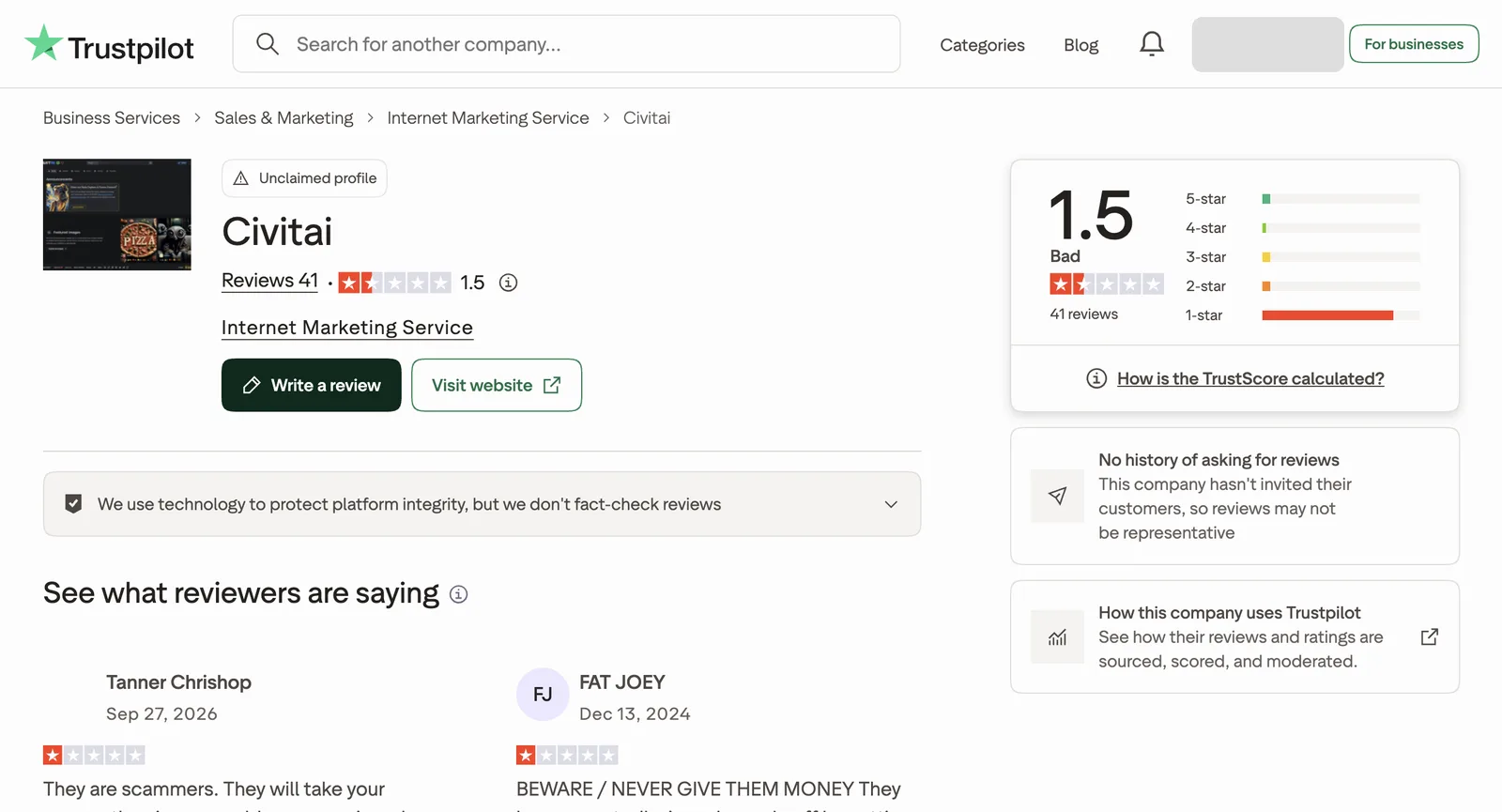 Civitai auf Trustpilot: nicht beanspruchtes Profil, TrustScore 1,5 aus 41 Bewertungen, die meisten mit einem Stern