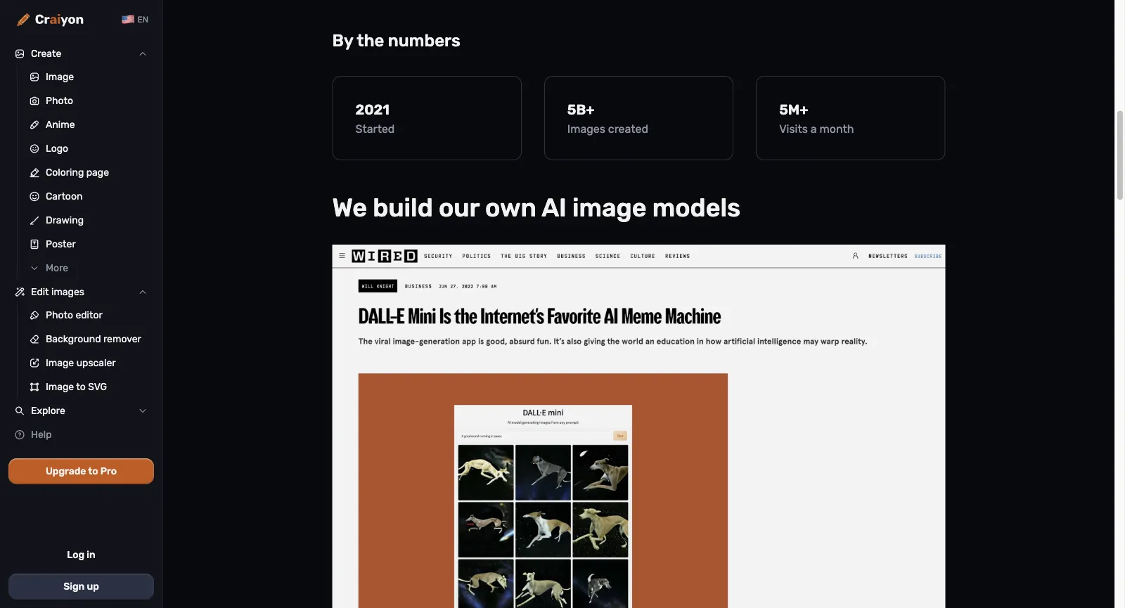 Seite About us von Craiyon, abgemeldet, bei By the numbers: 2021 Started, 5B+ Images created, 5M+ Visits a month und We build our own AI image models mit einem WIRED-Artikel über DALL-E Mini