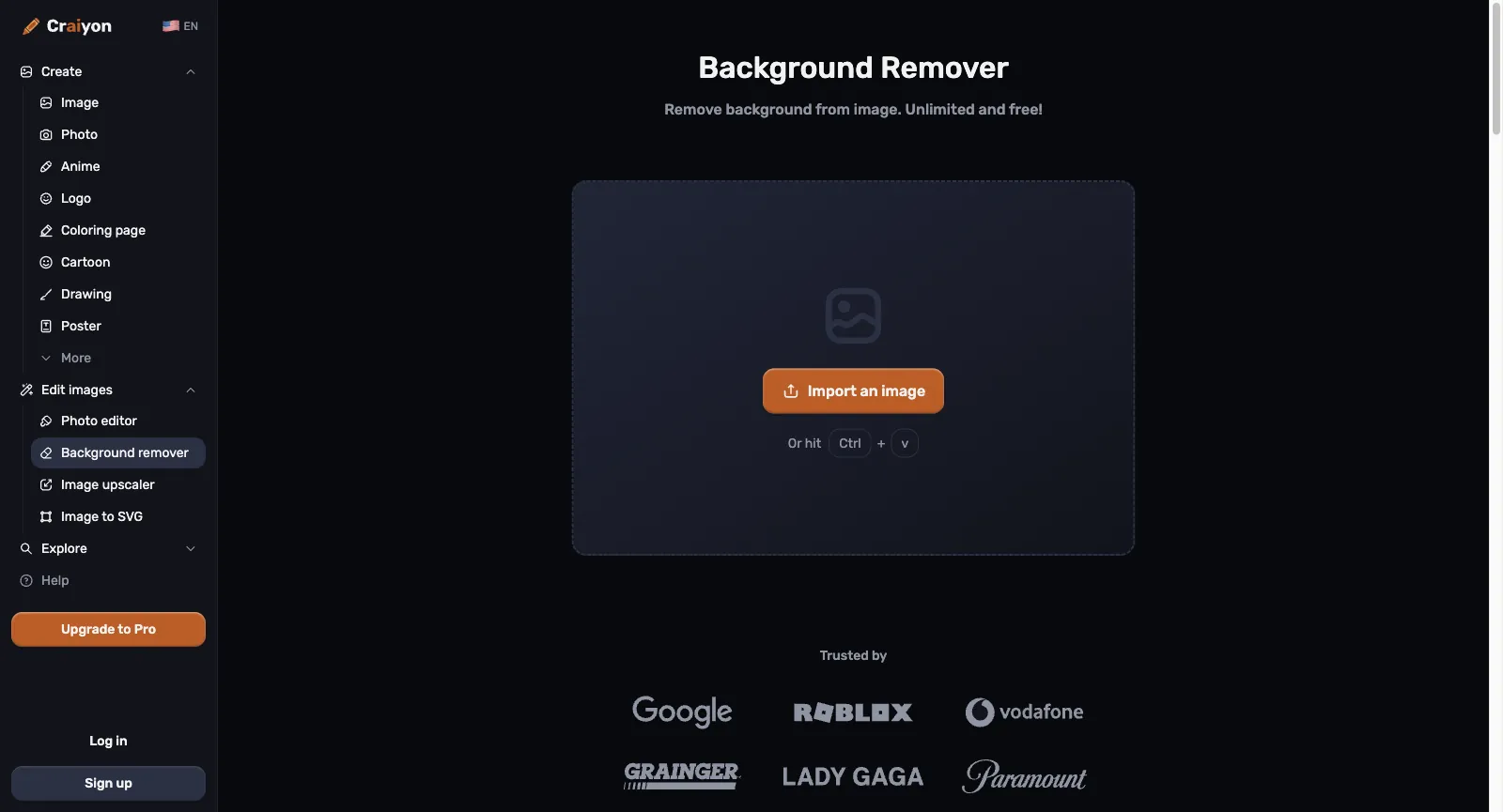 Background Remover von Craiyon, abgemeldet: Remove background from image. Unlimited and free!, ein Button Import an image mit Einfügen per Ctrl + V und die Logos unter Trusted by
