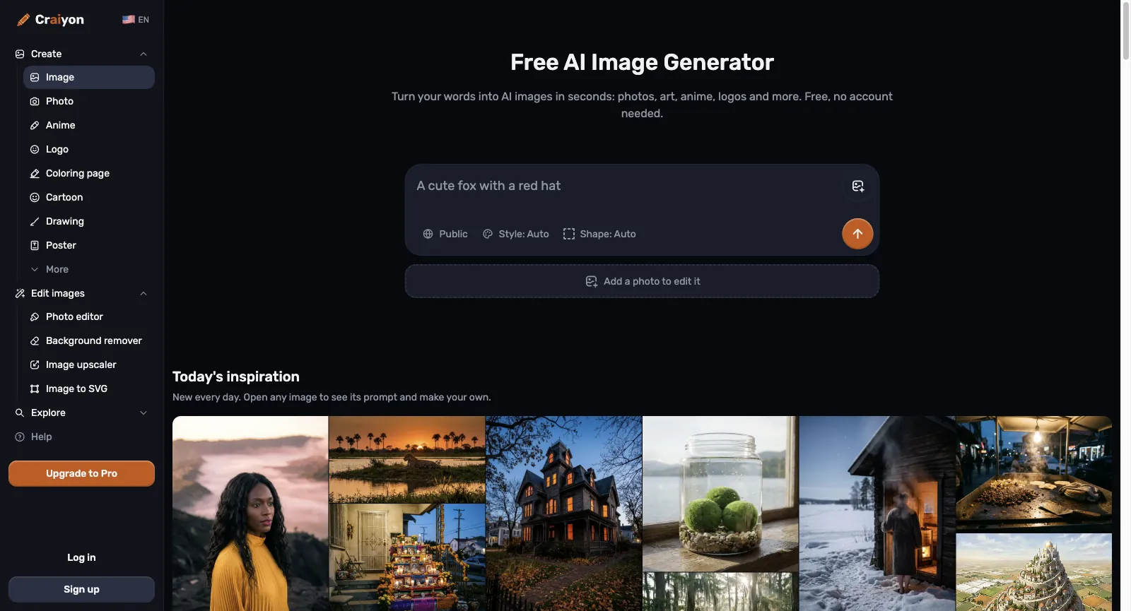 Craiyon-Startseite, abgemeldet: Überschrift Free AI Image Generator, das Prompt-Feld mit Public, Style: Auto und Shape: Auto, Add a photo to edit it und Bilder unter Today’s inspiration