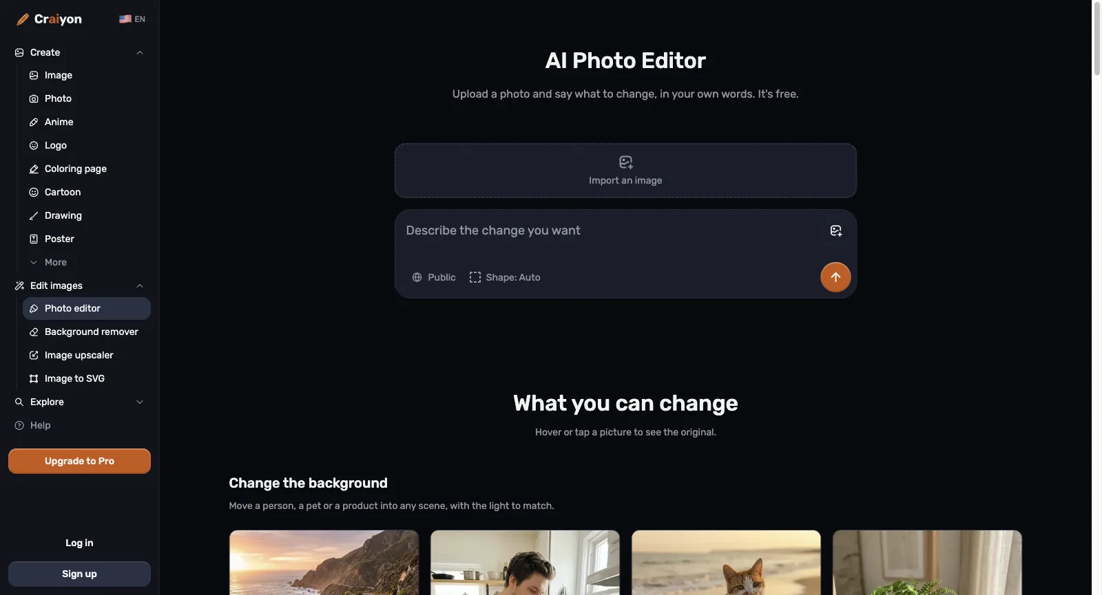AI Photo Editor von Craiyon, abgemeldet: Import an image, das Feld Describe the change you want und What you can change mit Beispielen unter Change the background