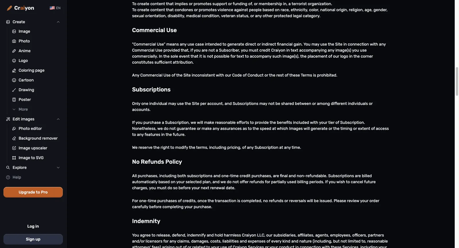 Nutzungsbedingungen von Craiyon, abgemeldet, bei den Abschnitten Commercial Use, Subscriptions und No Refunds Policy