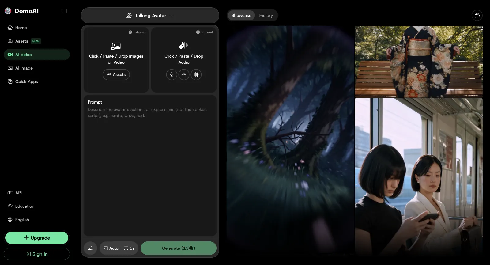 Espace de travail Talking Avatar de DomoAI, sans connexion : zones de dépôt pour des images ou une vidéo et pour l’audio, un prompt pour les actions de l’avatar, 5 seconds et Generate (15 credits)