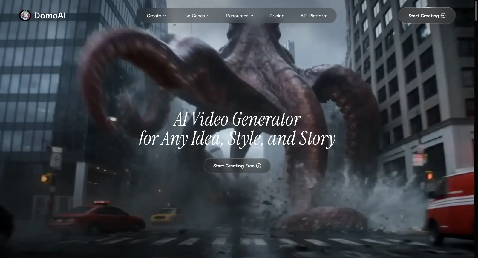 Page d’accueil de DomoAI, sans connexion, en anglais : AI Video Generator for Any Idea, Style, and Story, avec un bouton Start Creating Free sur une vidéo d’exemple