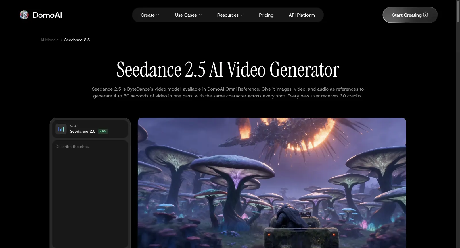 Page du modèle Seedance 2.5 de DomoAI, sans connexion : Seedance 2.5 AI Video Generator, 4 to 30 seconds of video in one pass, Every new user receives 30 credits, avec un champ Describe the shot