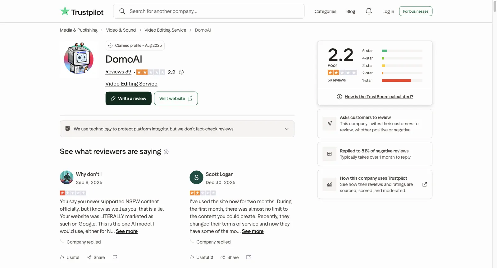 DomoAI sur Trustpilot : profil revendiqué depuis août 2025, TrustScore de 2,2 sur 39 avis, Asks customers to review, Replied to 81% of negative reviews