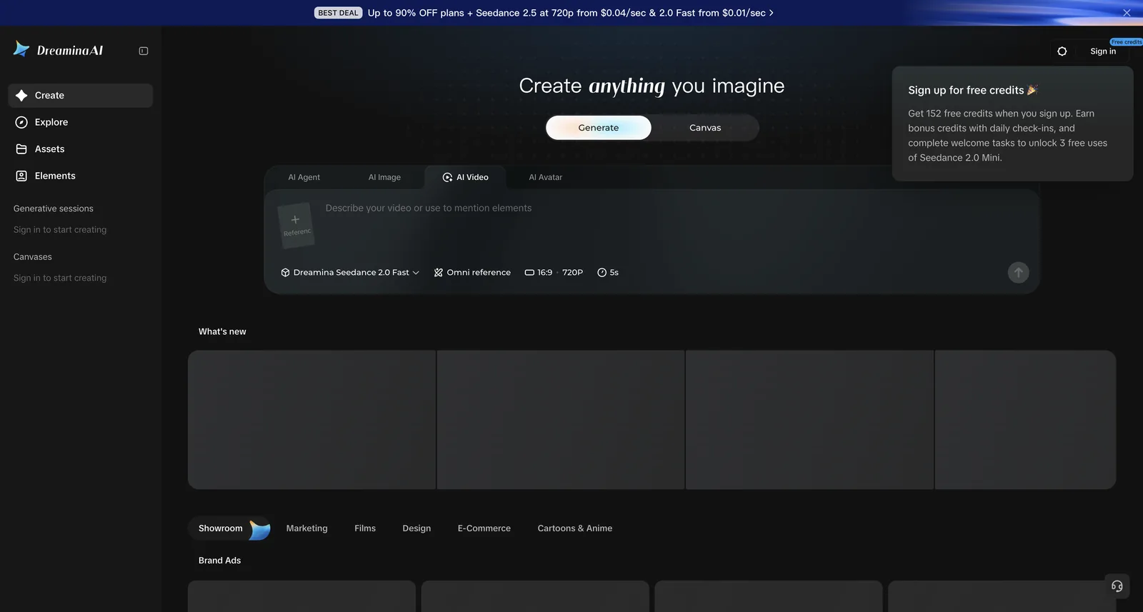 مساحة عمل الفيديو بالذكاء الاصطناعي في Dreamina دون تسجيل الدخول، مضبوطة على Seedance 2.0 Fast مع عرض تسجيل بـ 152 رصيدًا مجانيًا