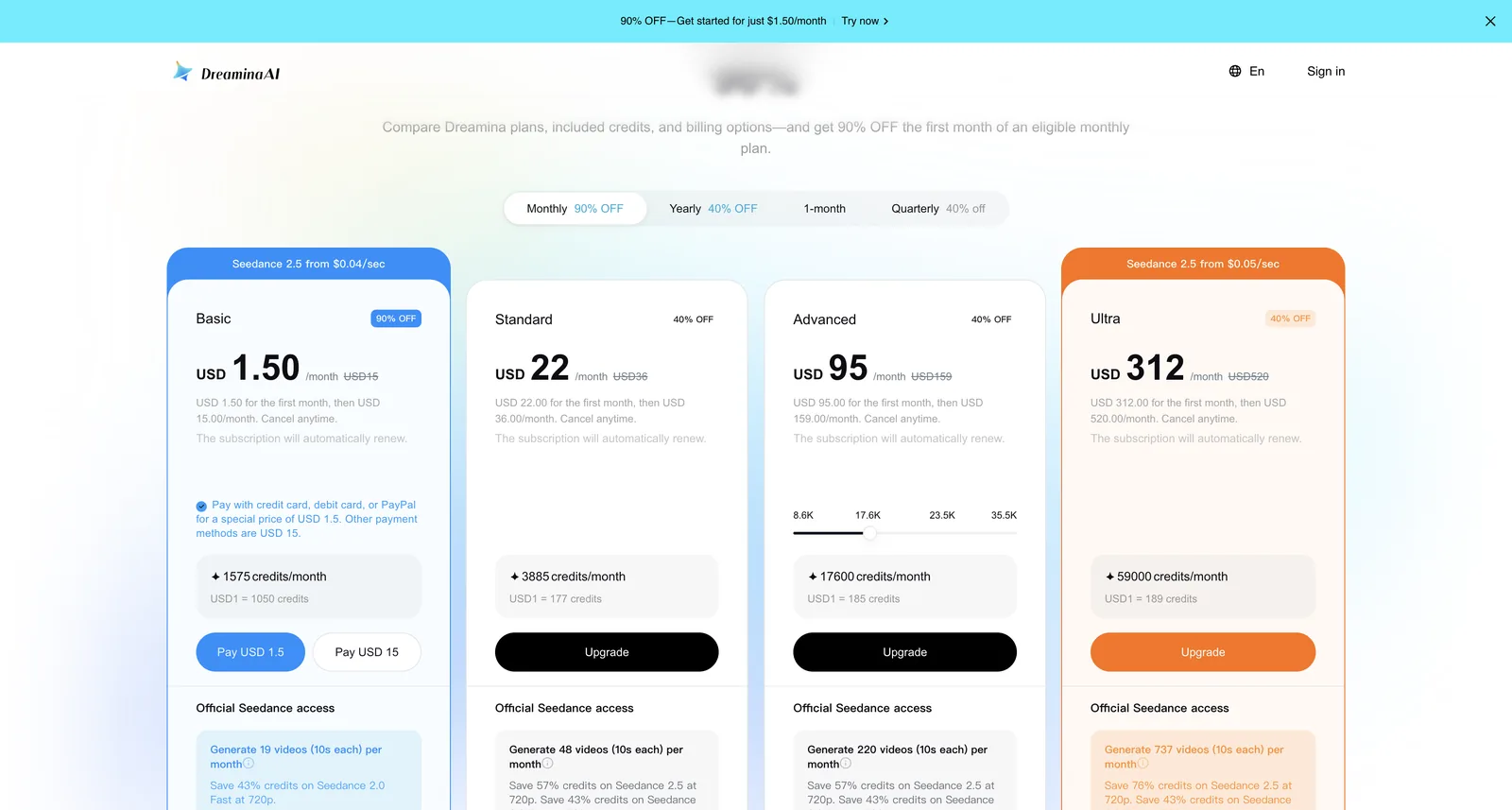 صفحة أسعار Dreamina، تبويب Monthly: Basic بسعر $1.50 ثم $15، وStandard بسعر $22 ثم $36، وAdvanced بسعر $95 ثم $159، وUltra بسعر $312 ثم $520 شهريًا