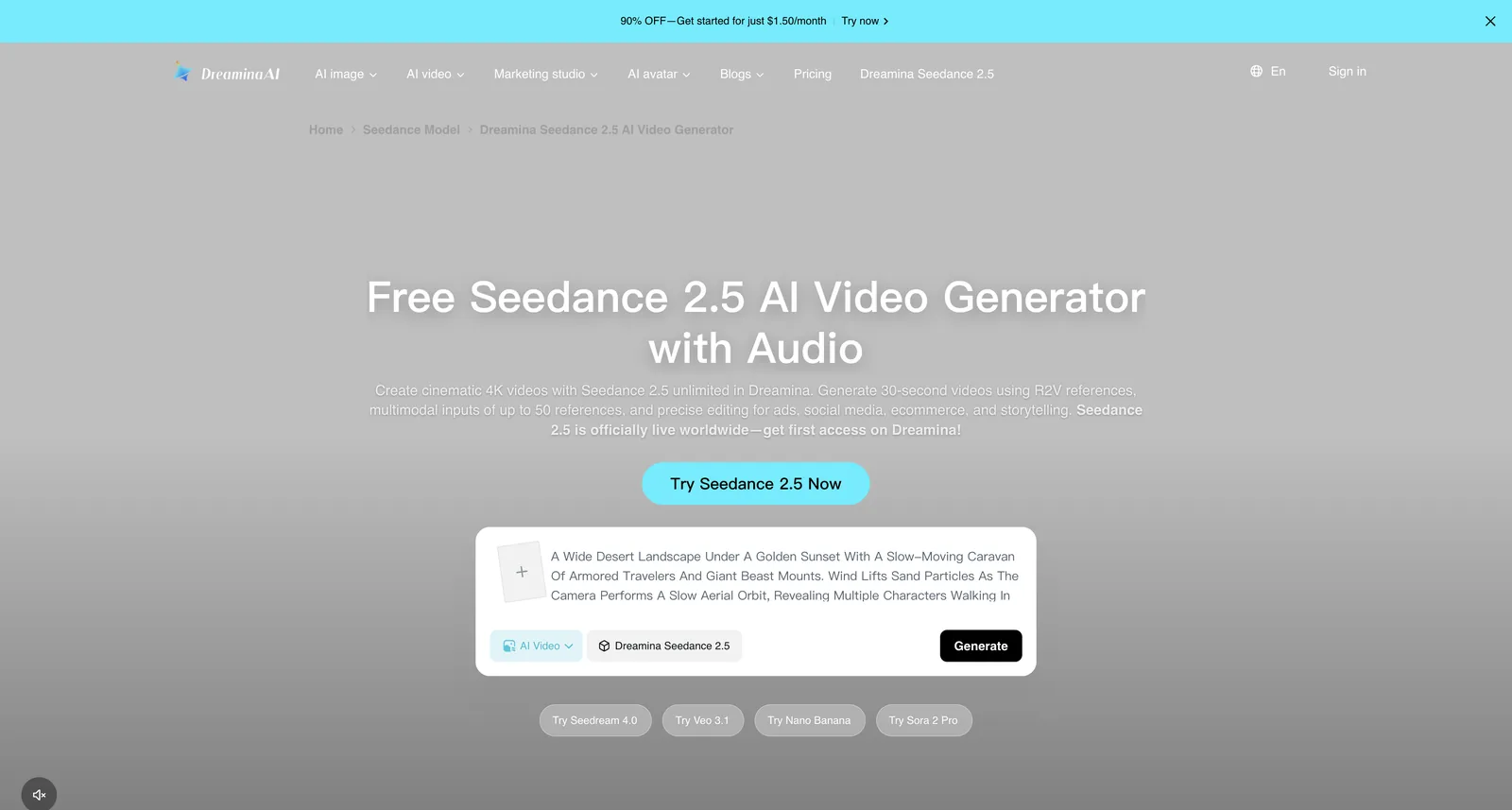صفحة Seedance 2.5 على Dreamina: مولد فيديو Seedance 2.5 مجاني بالذكاء الاصطناعي مع الصوت، وفيديوهات بطول 30 ثانية وما يصل إلى 50 مرجعًا
