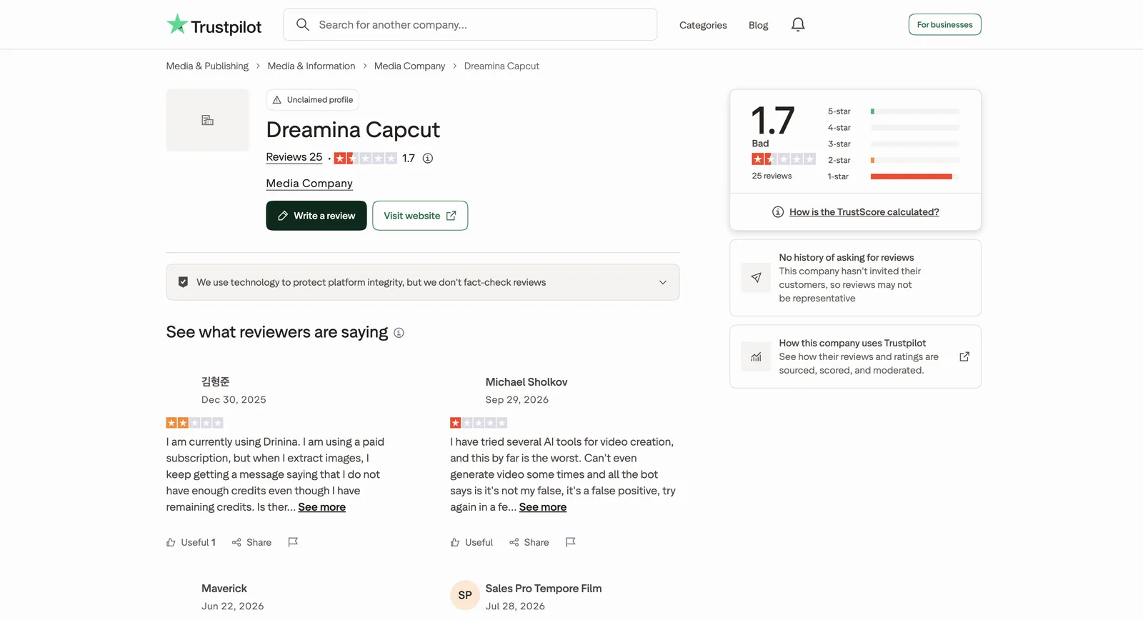 Dreamina Capcut على Trustpilot: TrustScore بقيمة 1.7 من 25 مراجعة، وملف غير مُطالَب به