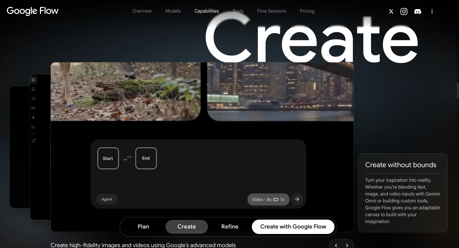 صفحة About في Google Flow دون تسجيل الدخول: قدرة Create بعنوان Create without bounds، مع إطاري Start وEnd وإعداد فيديو مدته 8 ثوانٍ