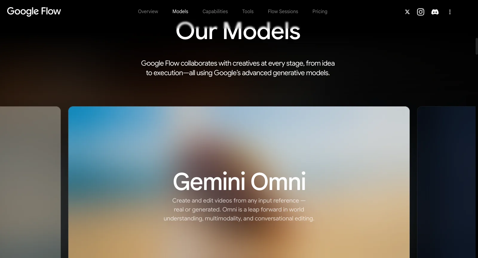 صفحة About في Google Flow دون تسجيل الدخول: قسم Our Models، مع بطاقة Gemini Omni لإنشاء الفيديو وتحريره انطلاقًا من أي مرجع مُدخل