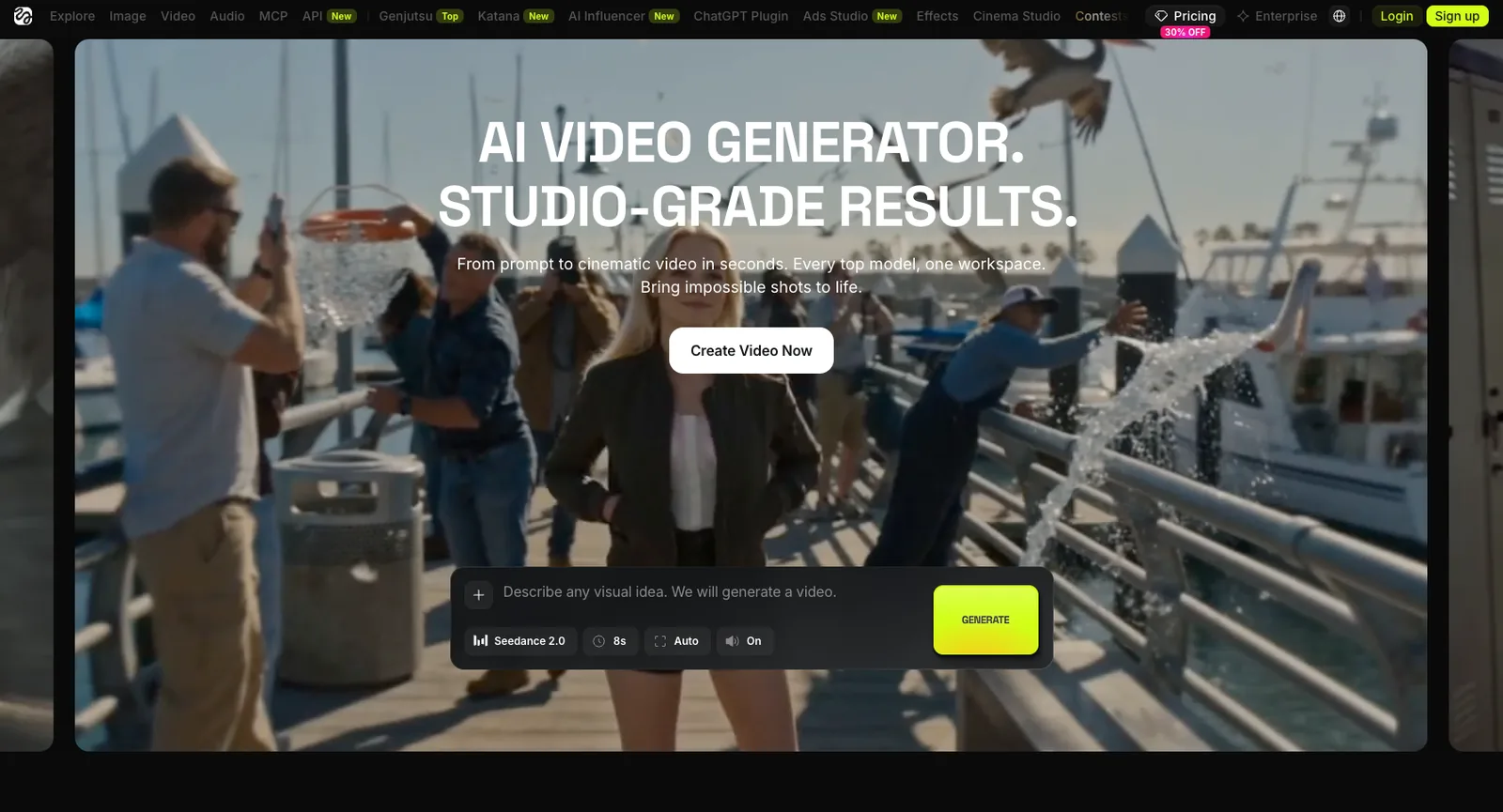 Page du générateur vidéo IA de Higgsfield avec un champ de prompt réglé sur Seedance 2.0, sur fond de vidéo cinématographique