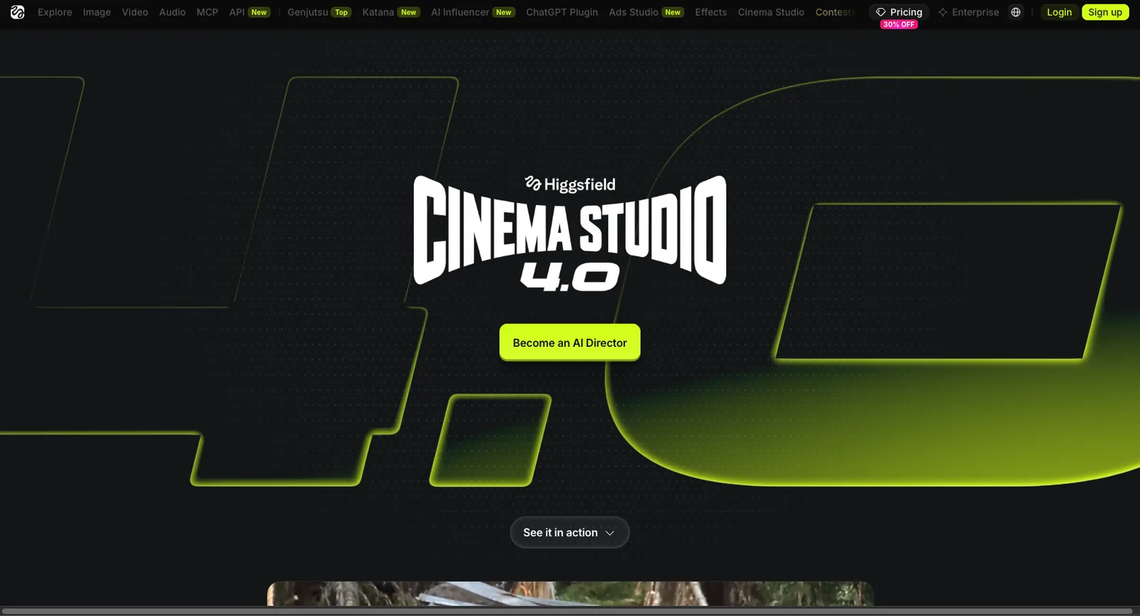 Page de présentation de Higgsfield Cinema Studio 4.0 avec un bouton Become an AI Director