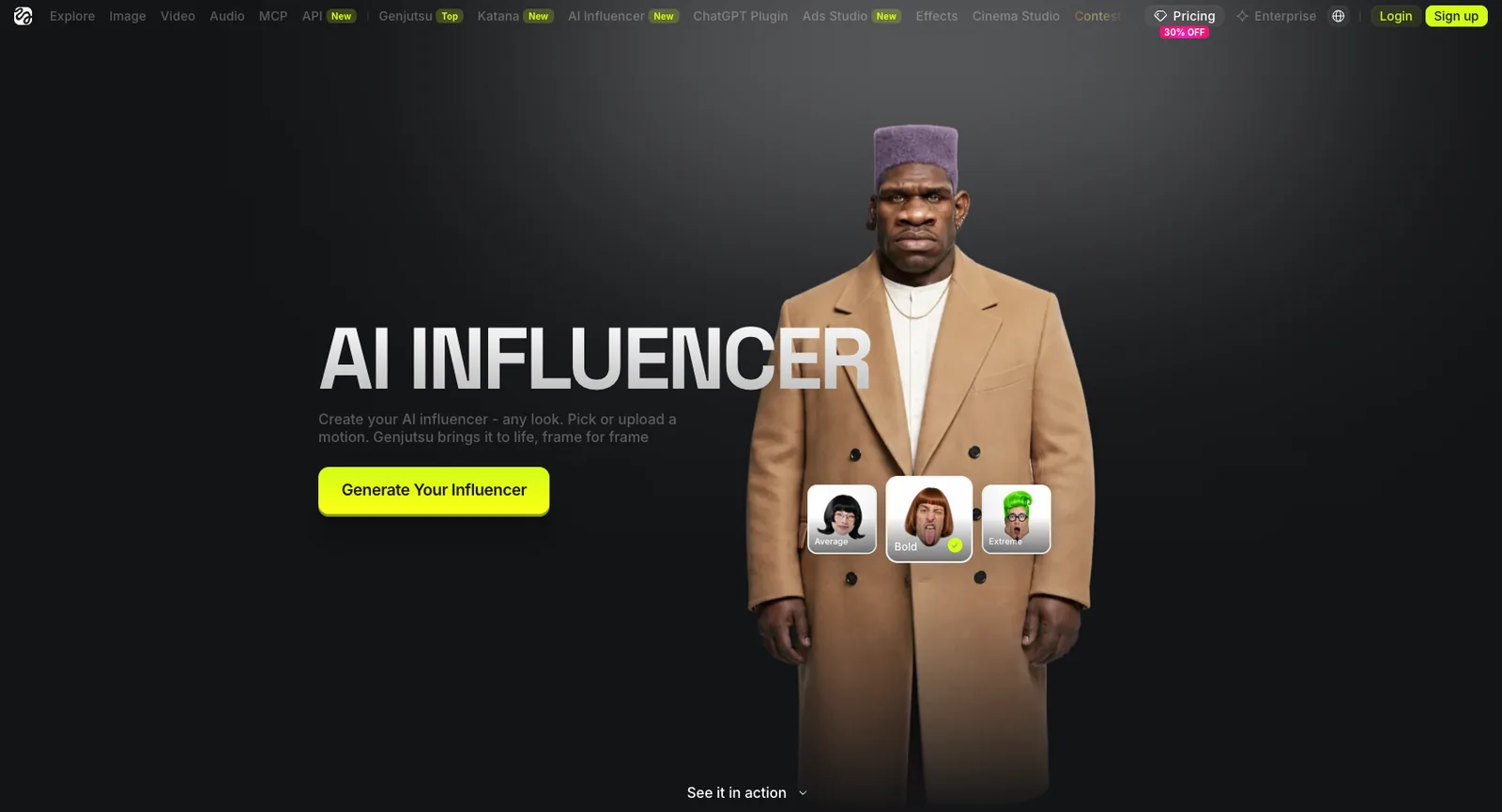 Page Higgsfield AI Influencer avec un présentateur généré et un bouton Generate Your Influencer
