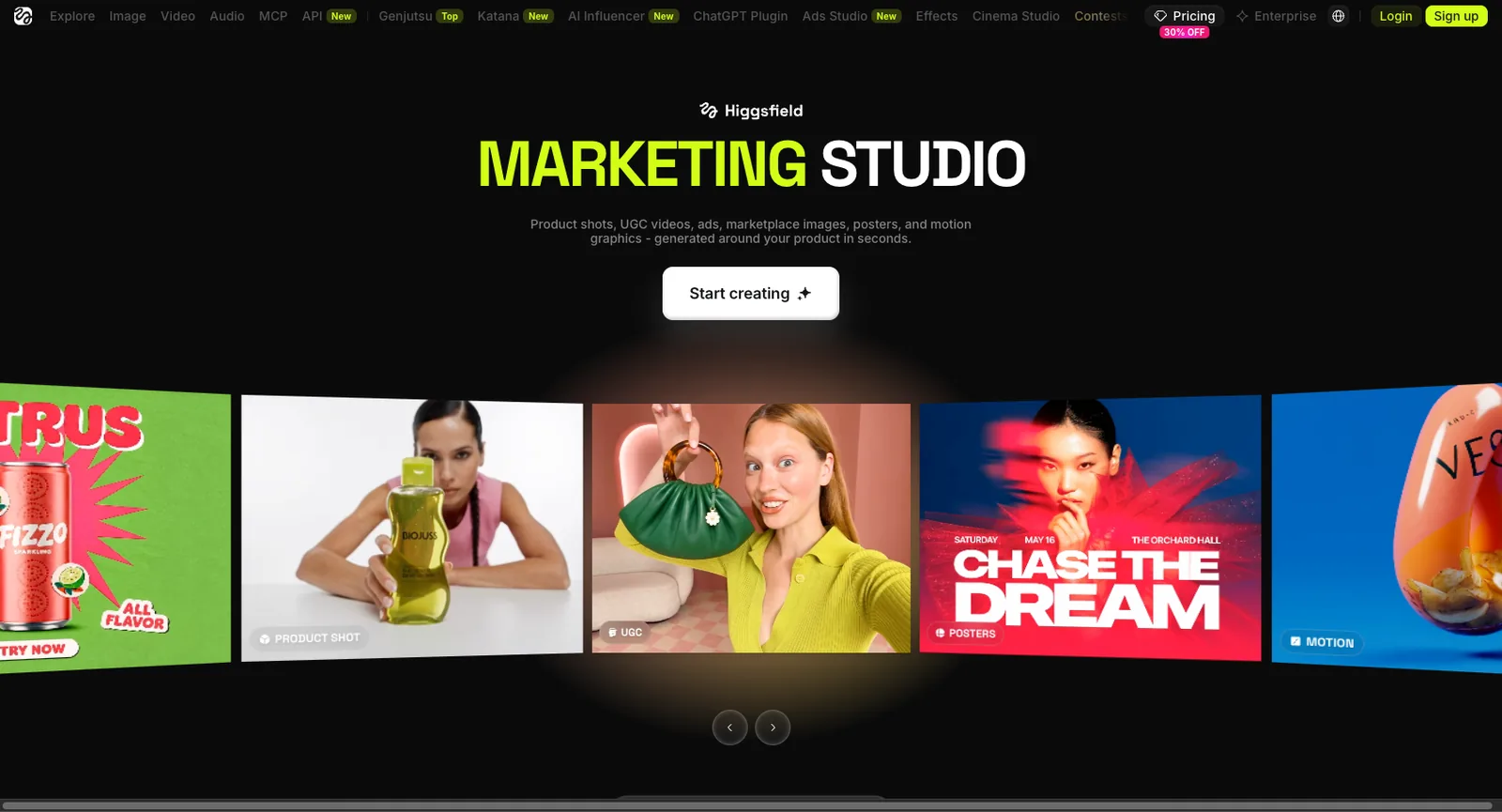 Page Higgsfield Marketing Studio avec des templates de photos produit, d’affiches et d’animations