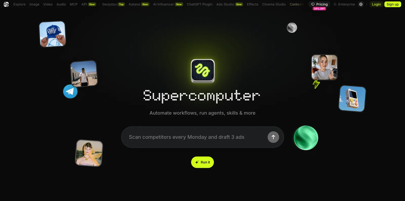 Page Higgsfield Supercomputer avec un champ de prompt pour l’agent : automatiser des workflows, lancer des agents et des compétences