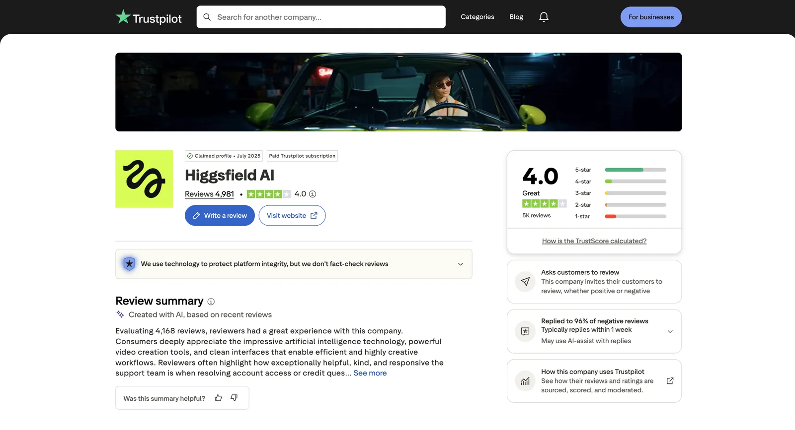 Higgsfield AI sur Trustpilot : TrustScore de 4,0 sur 4 981 avis, profil revendiqué