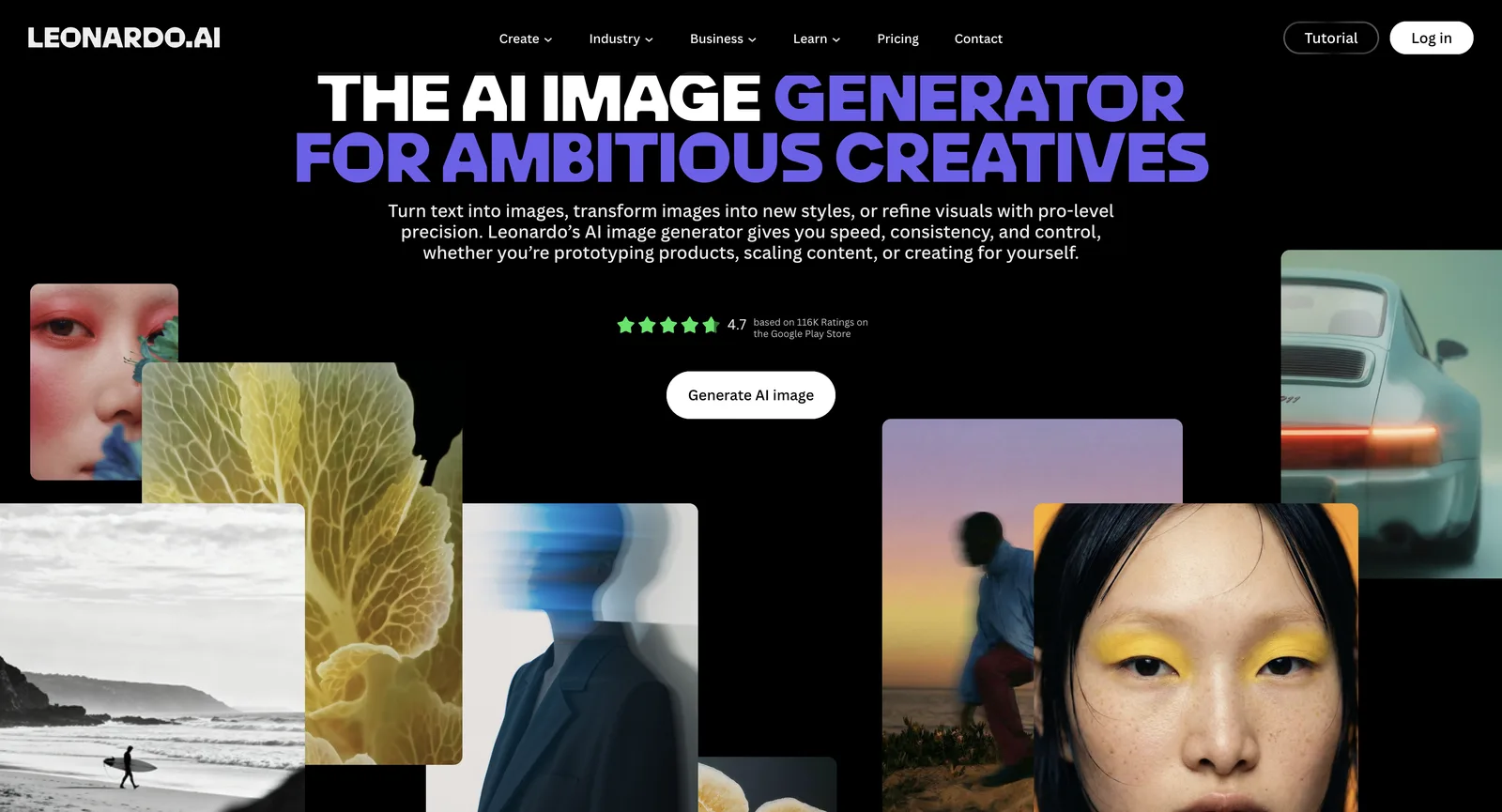 Bildgenerator-Seite von Leonardo AI ohne Anmeldung: der KI-Bildgenerator für ambitionierte Kreative, mit einem Button Generate AI image