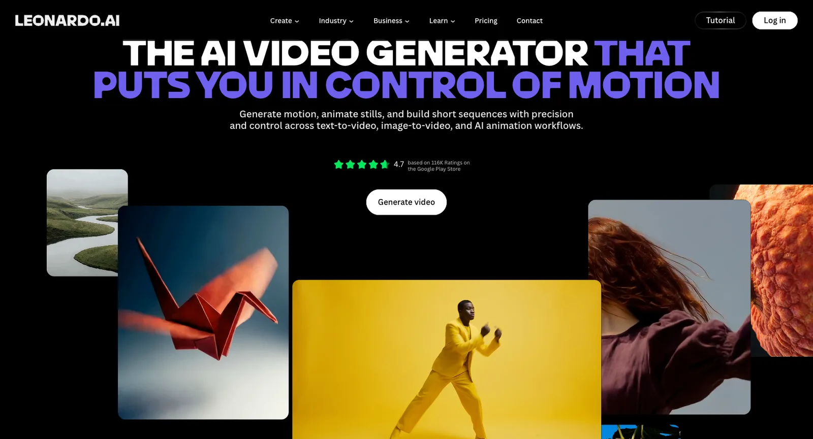 Videogenerator-Seite von Leonardo AI ohne Anmeldung: der KI-Videogenerator, mit dem du die Bewegung steuerst, mit Beispielclips