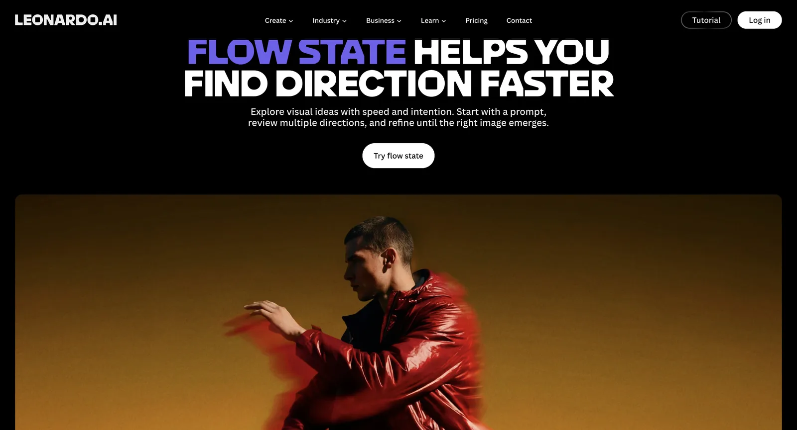 Flow-State-Seite von Leonardo AI ohne Anmeldung: Flow State hilft dir, schneller eine Richtung zu finden, mit einem Button Try flow state