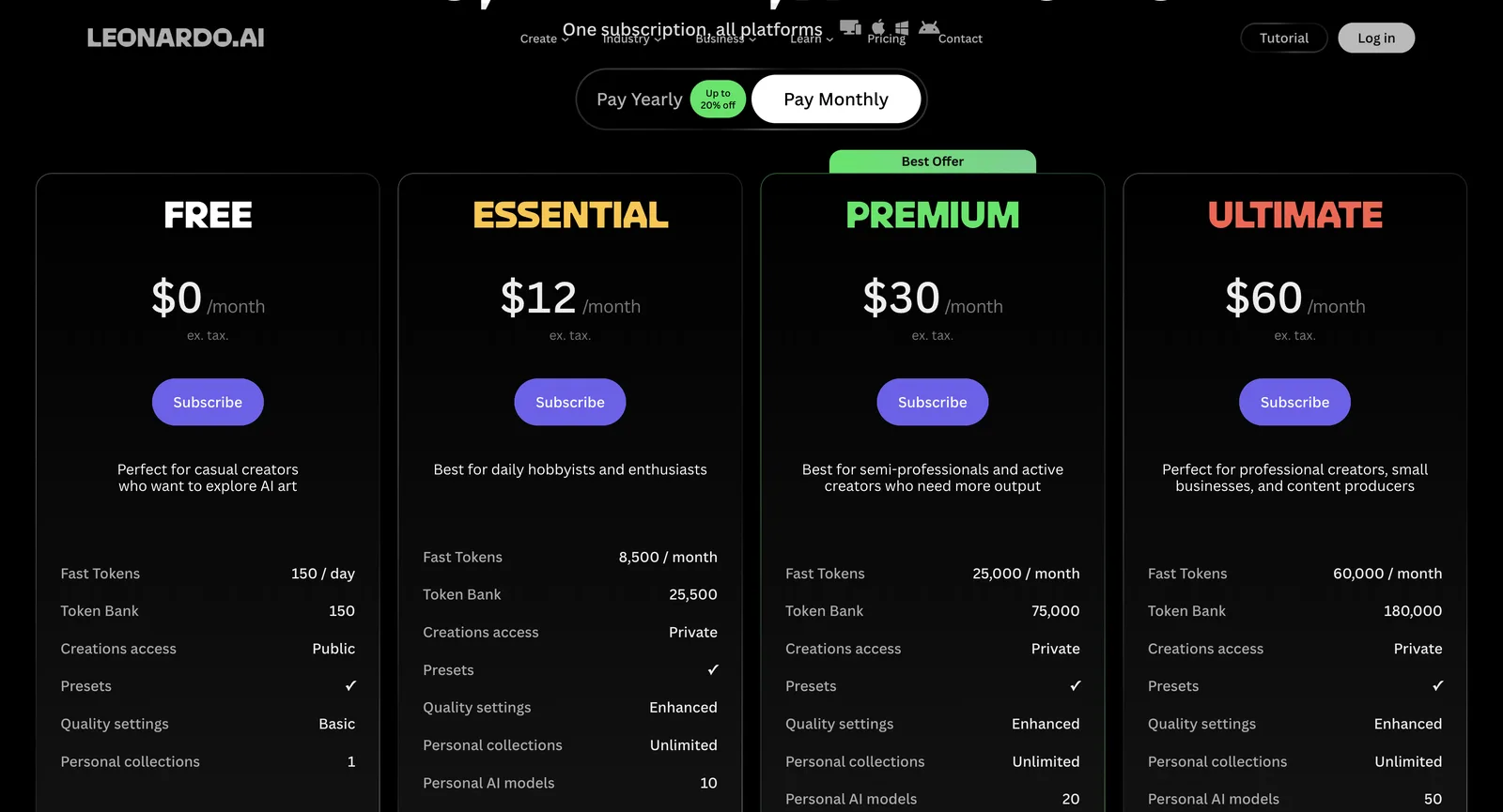 Preisseite von Leonardo AI, Pay Monthly: Free $0, Essential $12, Premium $30 und Ultimate $60 pro Monat vor Steuern, mit Fast-Tokens pro Plan