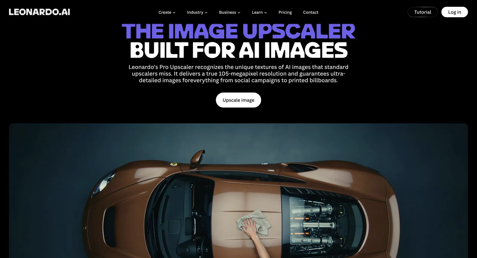Universal-Upscaler-Seite von Leonardo AI ohne Anmeldung: der Bild-Upscaler für KI-Bilder, mit echter Auflösung von 105 Megapixel